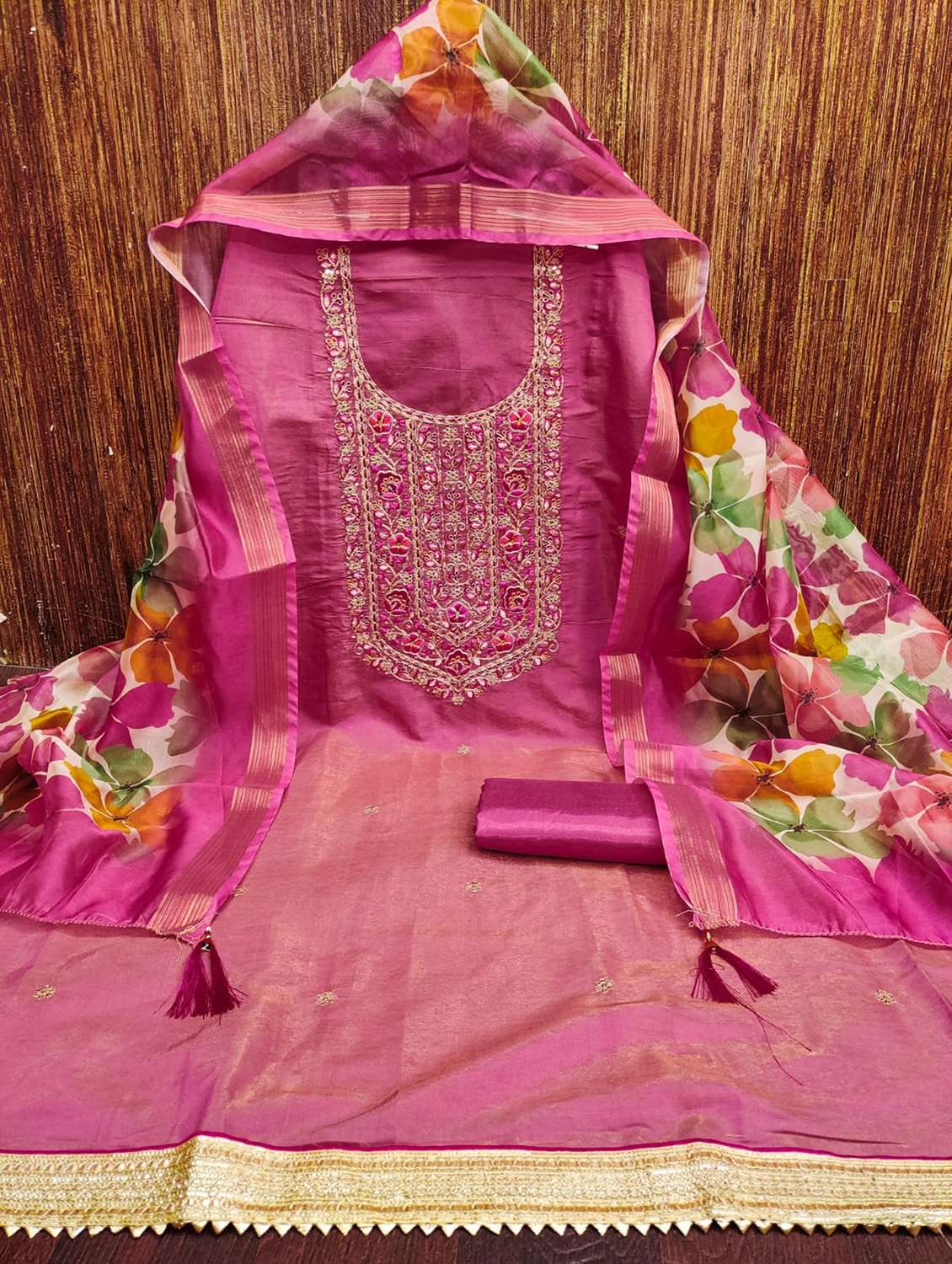 women solid with work embroidered unstitched suit set - 22088052 -  Standard Image - 1