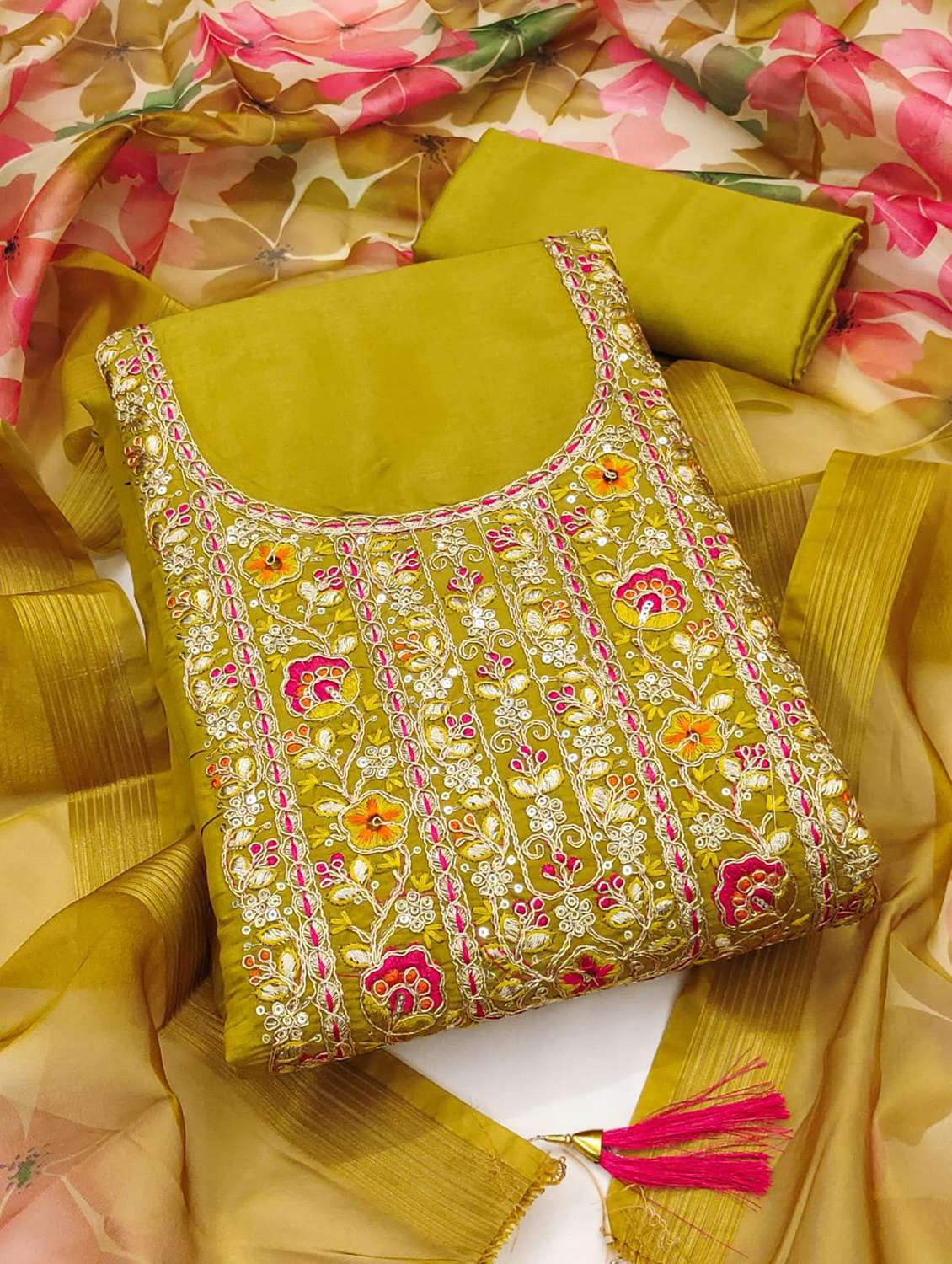 women solid with work embroidered unstitched suit set - 22088053 -  Standard Image - 1