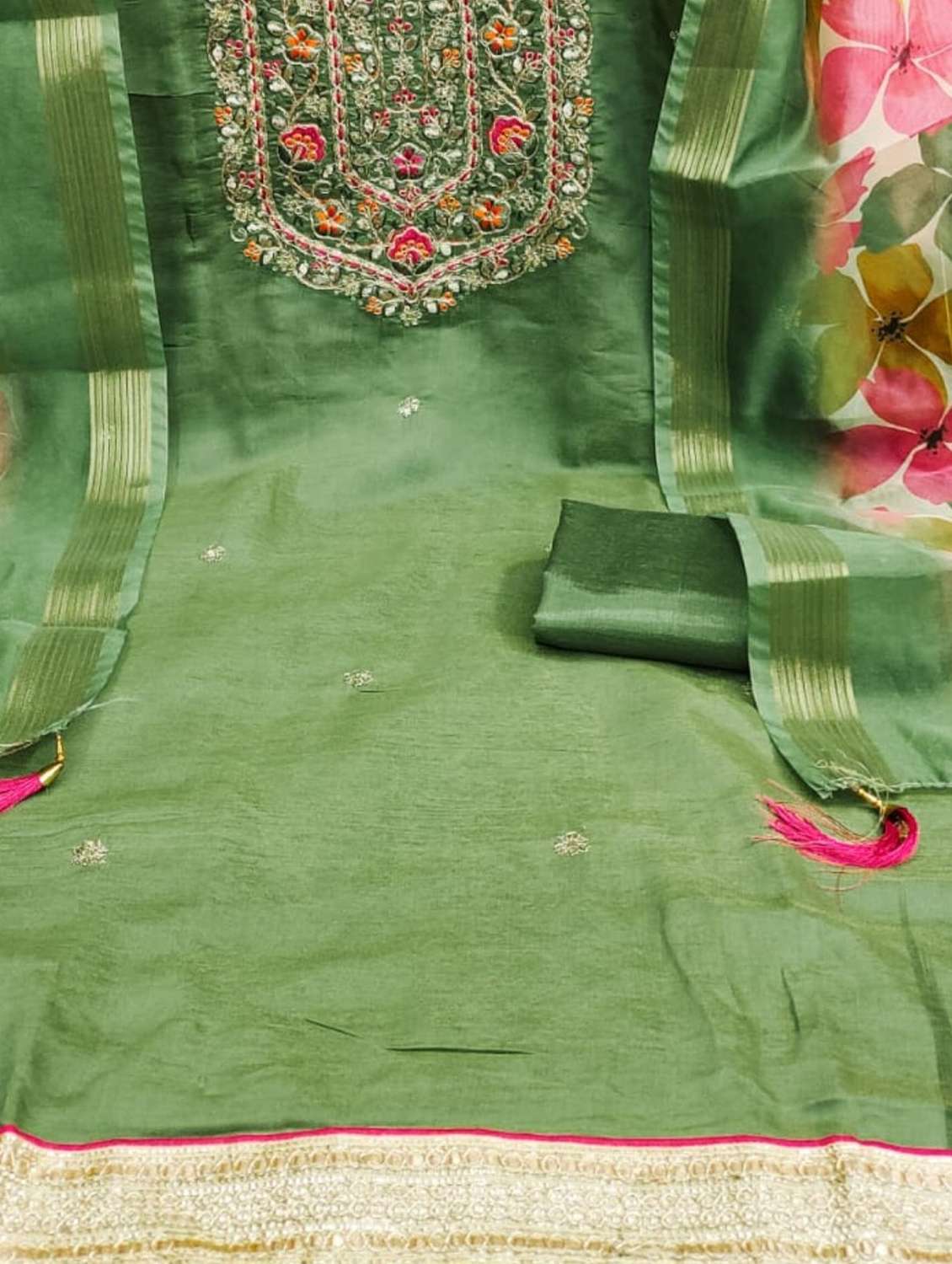 women solid with work embroidered unstitched suit set - 22088054 -  Standard Image - 4