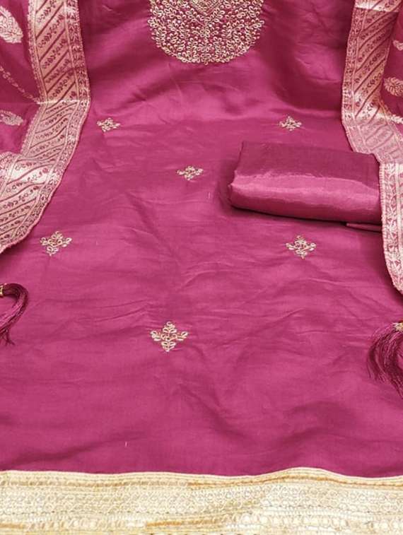 women solid with work embroidered unstitched suit set - 22088117 -  Standard Image - 4