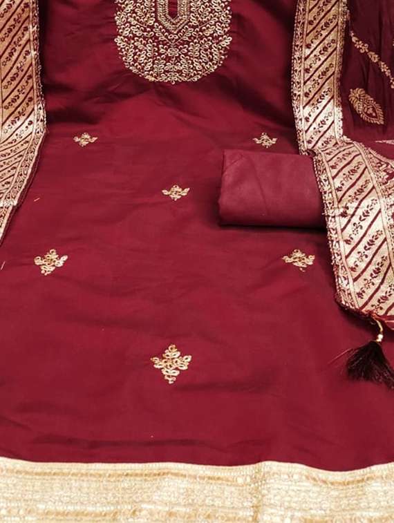 women solid with work embroidered unstitched suit set - 22088124 -  Standard Image - 4