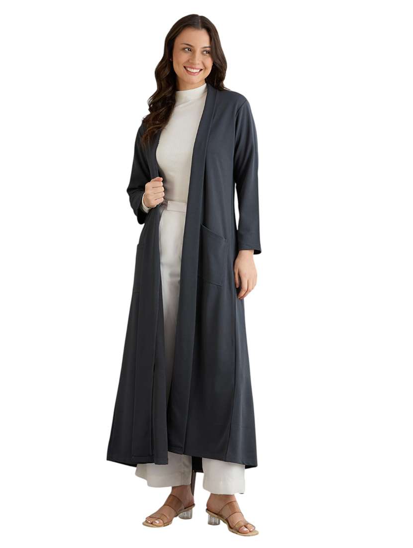 women solid long sleeve long shrug - 22088125 - Standard Image - 1