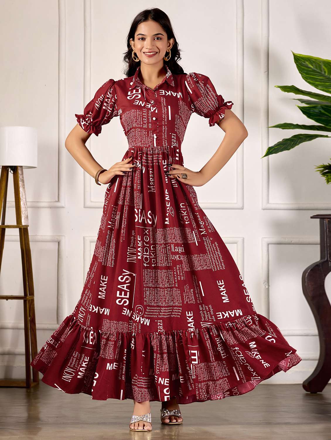 women printed puff sleeve collared tiered dress