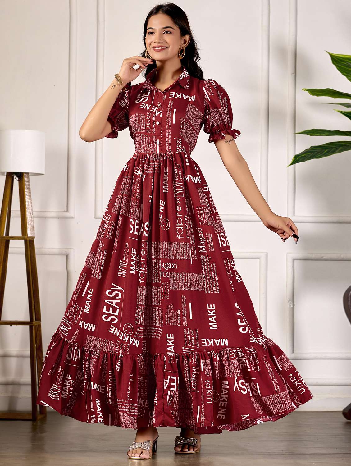 women printed puff sleeve collared tiered dress - 22088145 -  Standard Image - 1