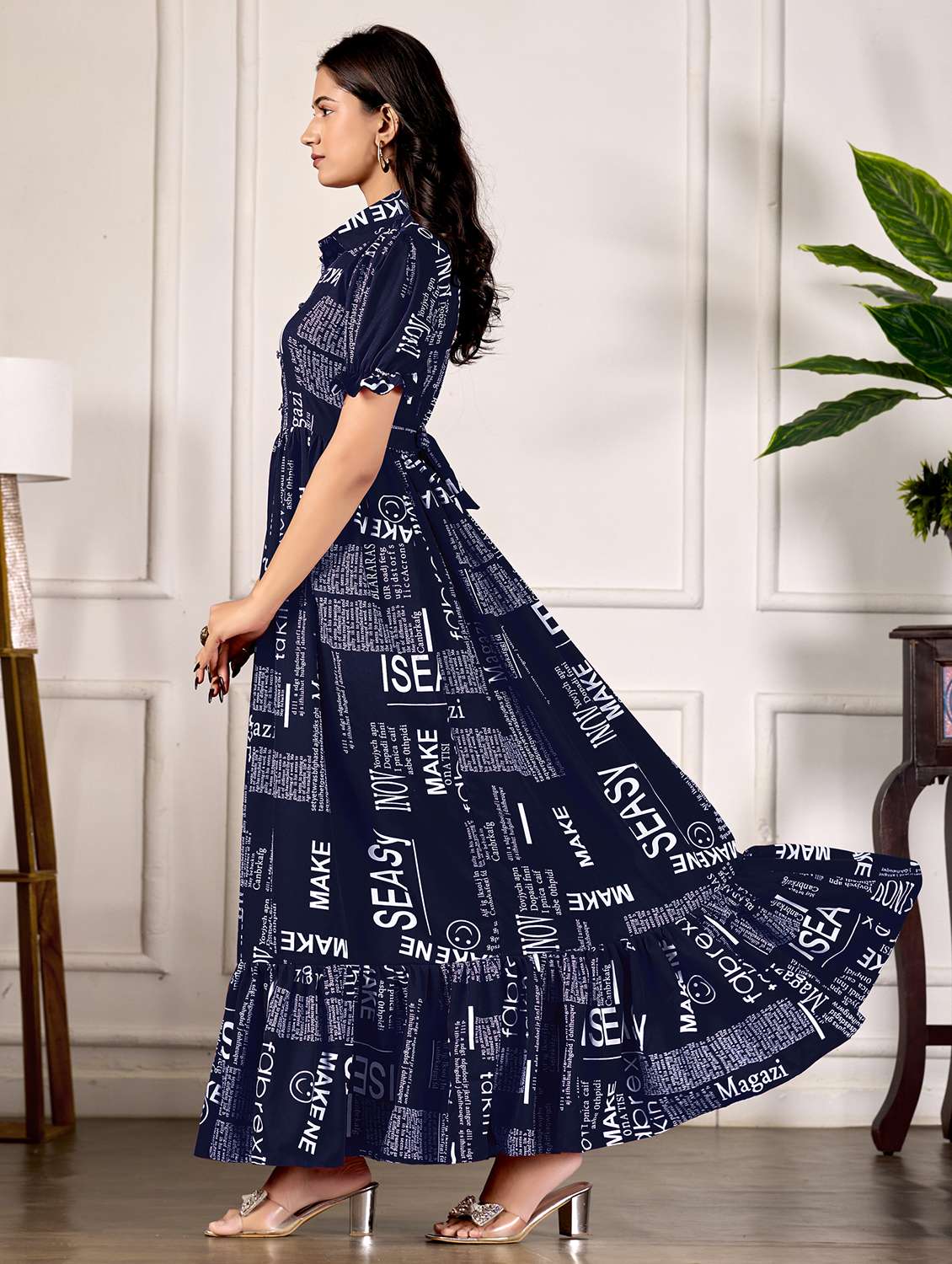 women printed puff sleeve collared tiered dress - 22088146 -  Standard Image - 1