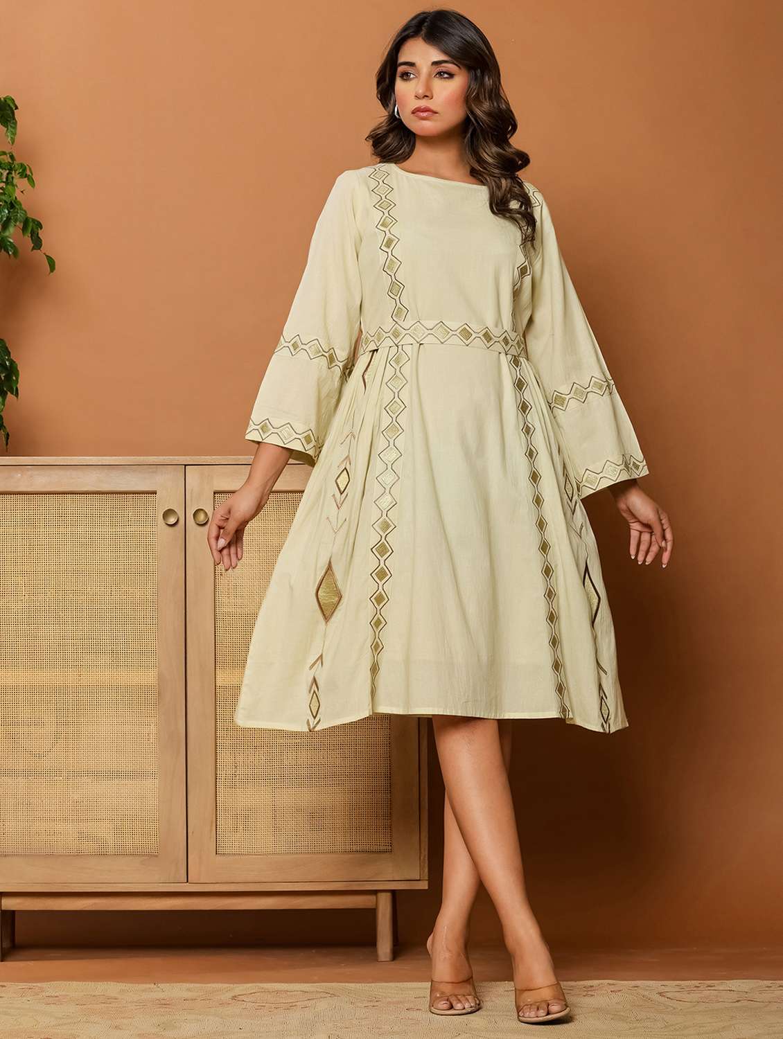 women solid with work long sleeve ethnic dress