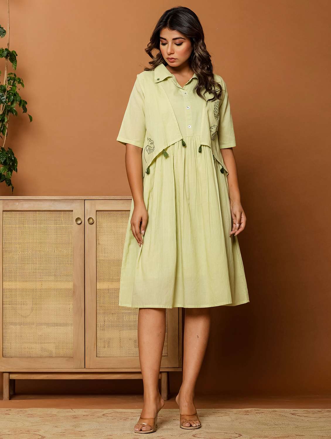 women solid with work short sleeve a-line ethnic dress - 22088148 - Standard Image - 1