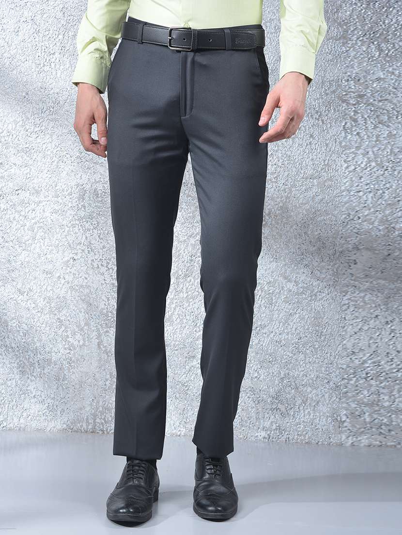 men solid mid rise flat front full length formal trouser