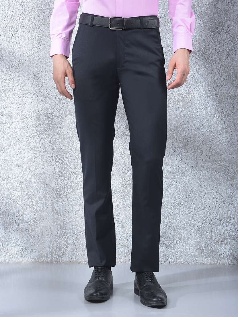 men solid mid rise flat front full length formal trouser