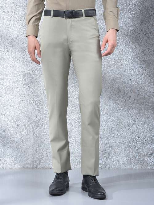 men solid mid rise flat front full length formal trouser