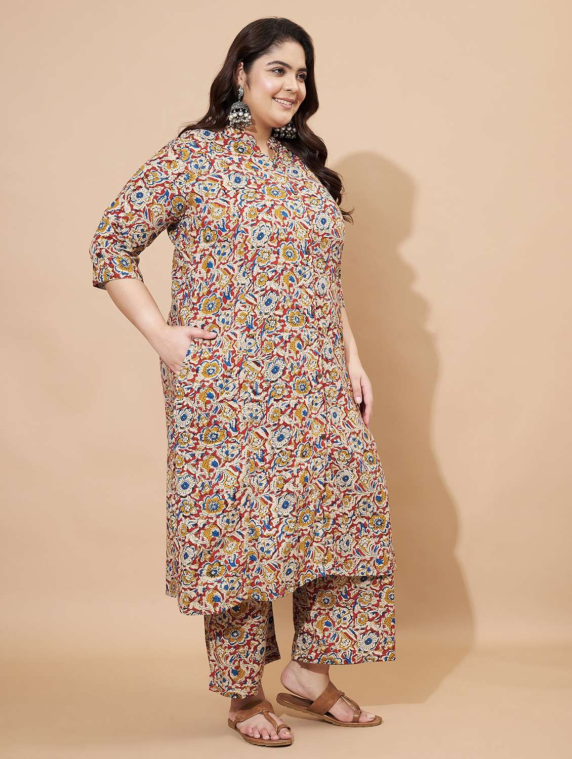 women plus size three quarter sleeve kurta palazzo set - 22088211 -  Standard Image - 1