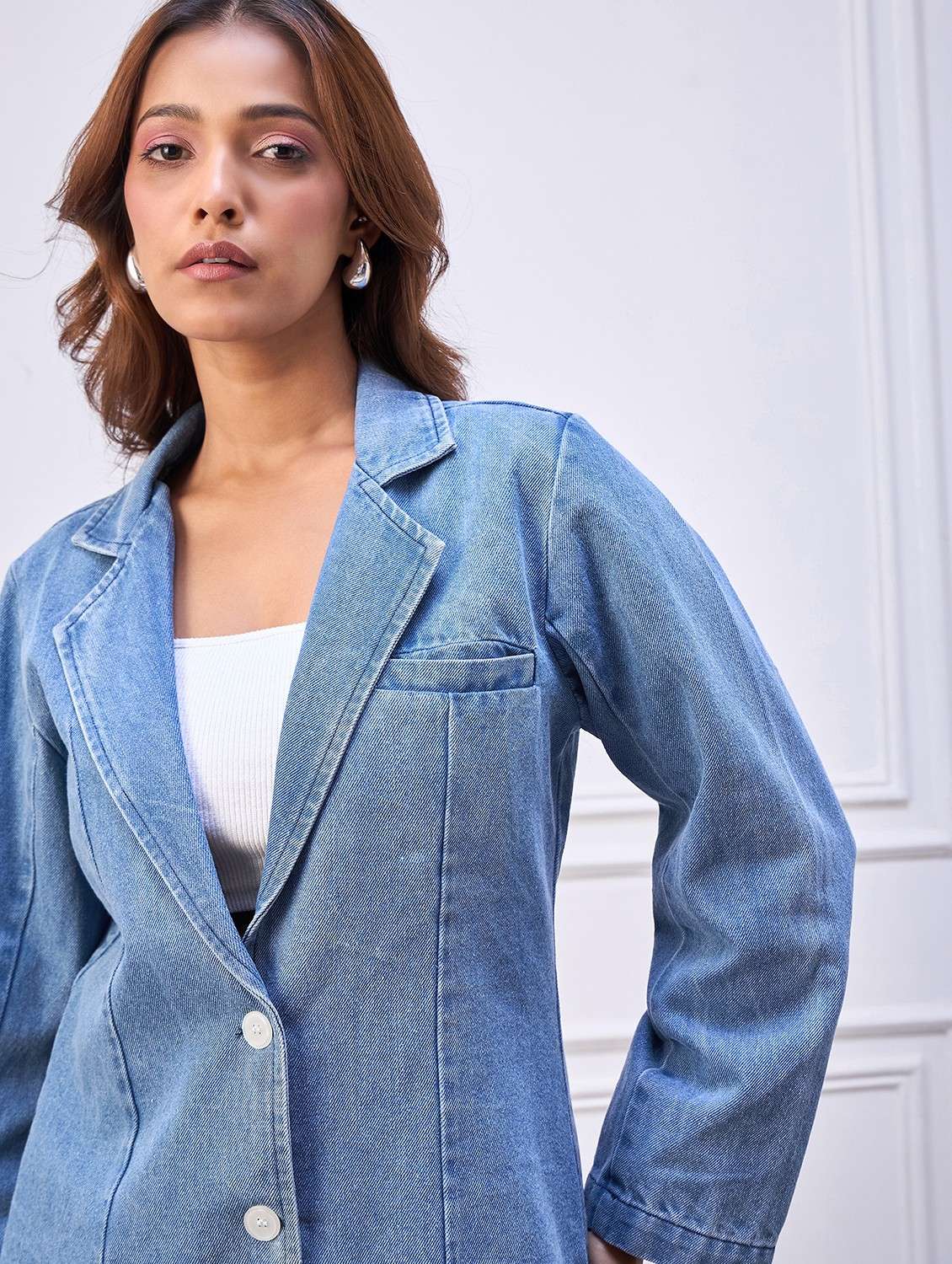 women solid long sleeve denim blazer - 22088217 -  Standard Image - 1