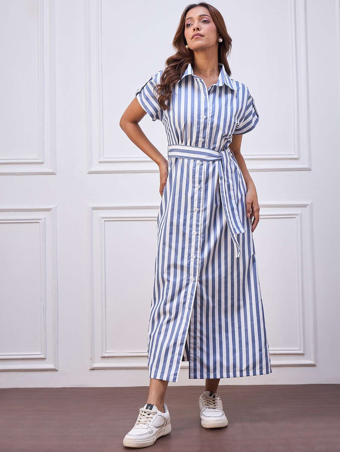 women striped collared short sleeve shirt dress
