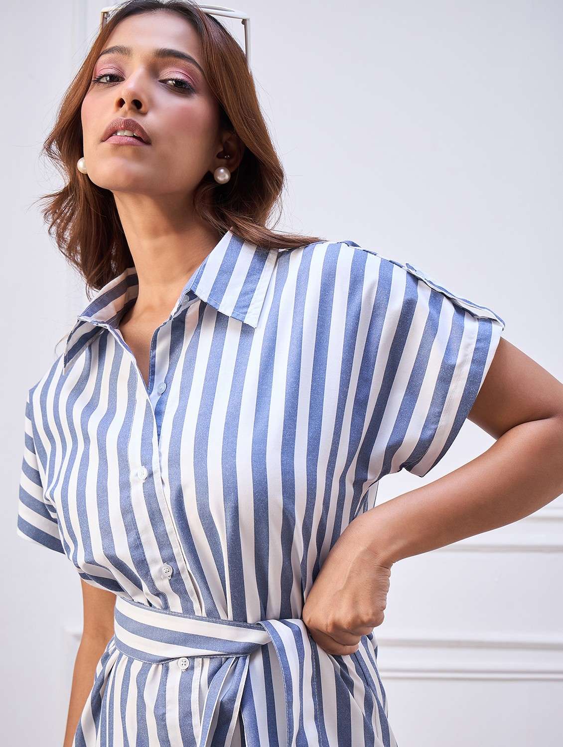 women striped collared short sleeve shirt dress - 22088218 - Standard Image - 1