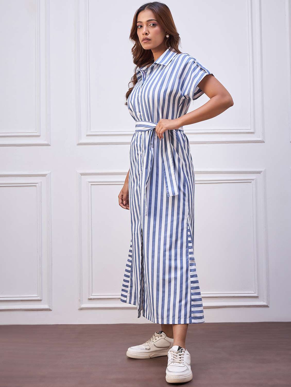 women striped collared short sleeve shirt dress - 22088218 - Standard Image - 4