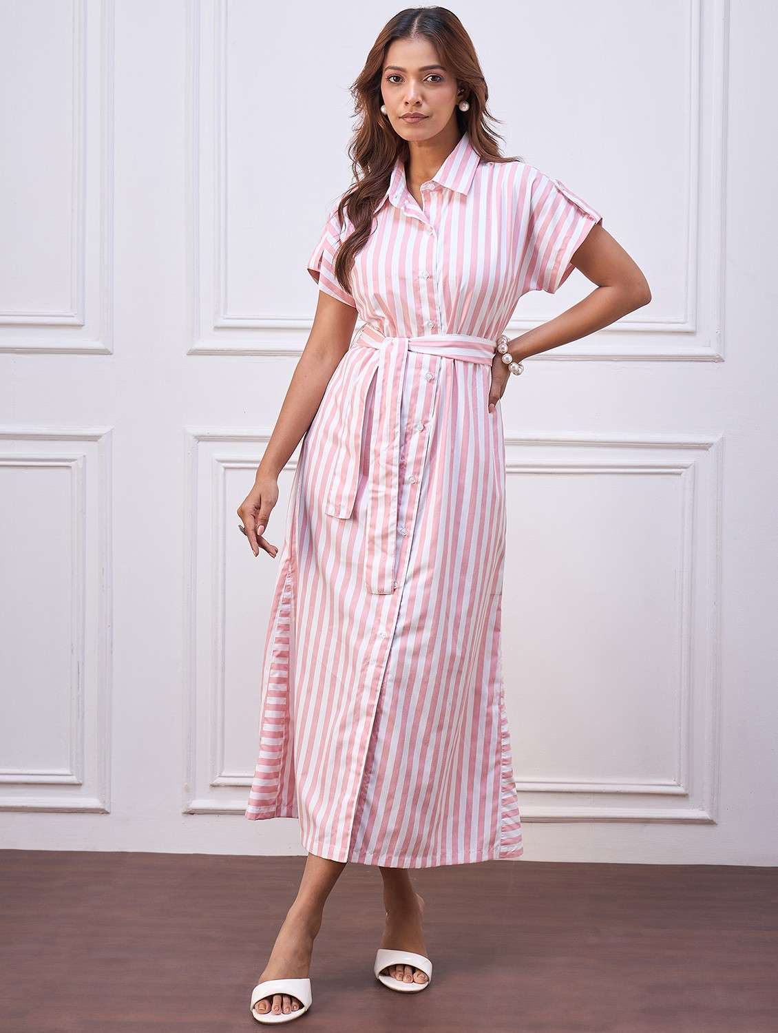 women striped collared short sleeve shirt dress - 22088220 -  Standard Image - 1
