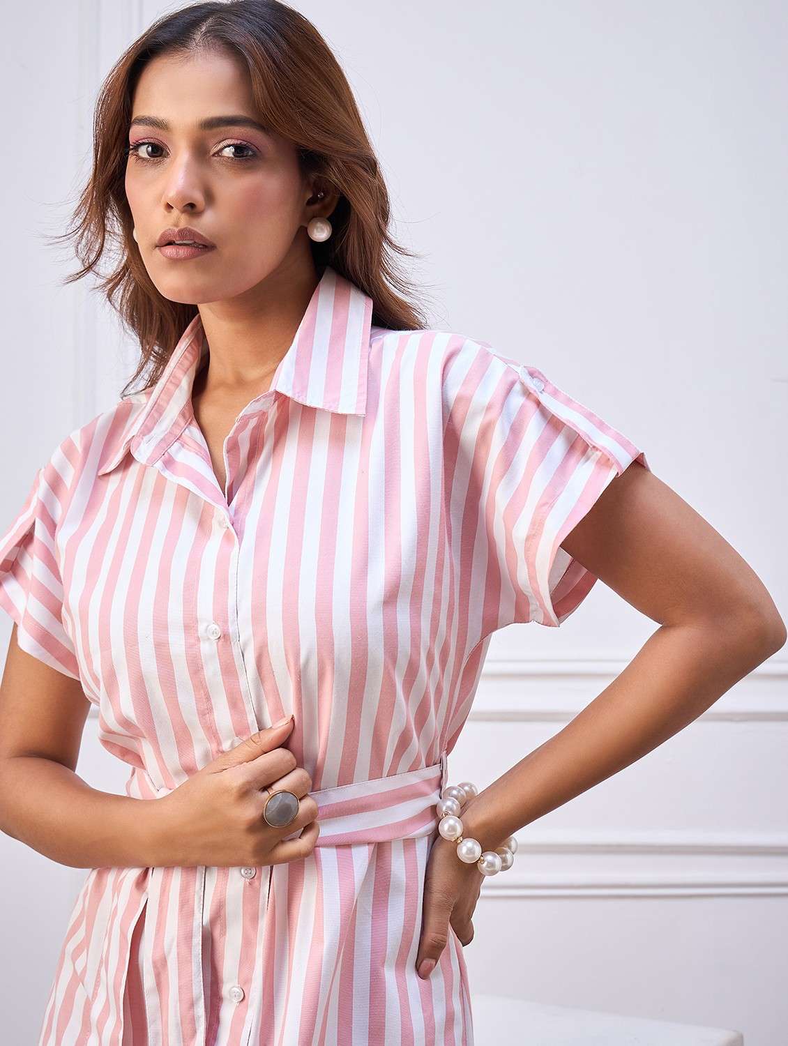 women striped collared short sleeve shirt dress - 22088220 - Standard Image - 4