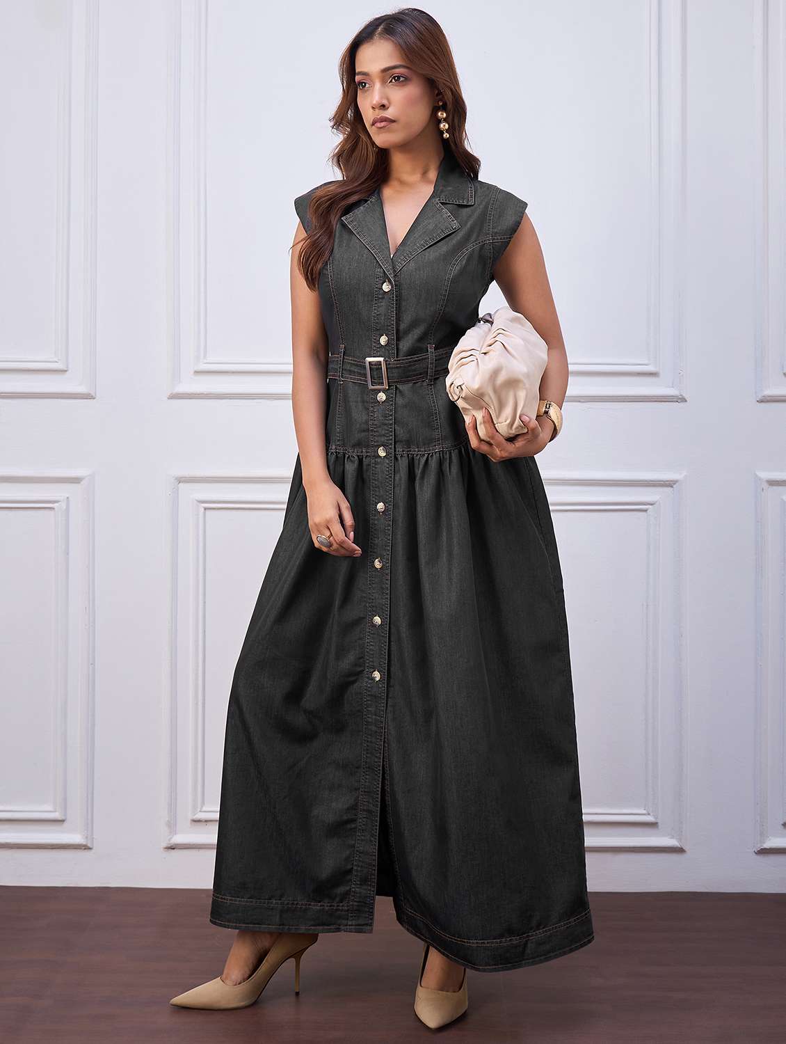 women solid sleeveless denim shirt dress - 22088221 - Zoom Image - 0