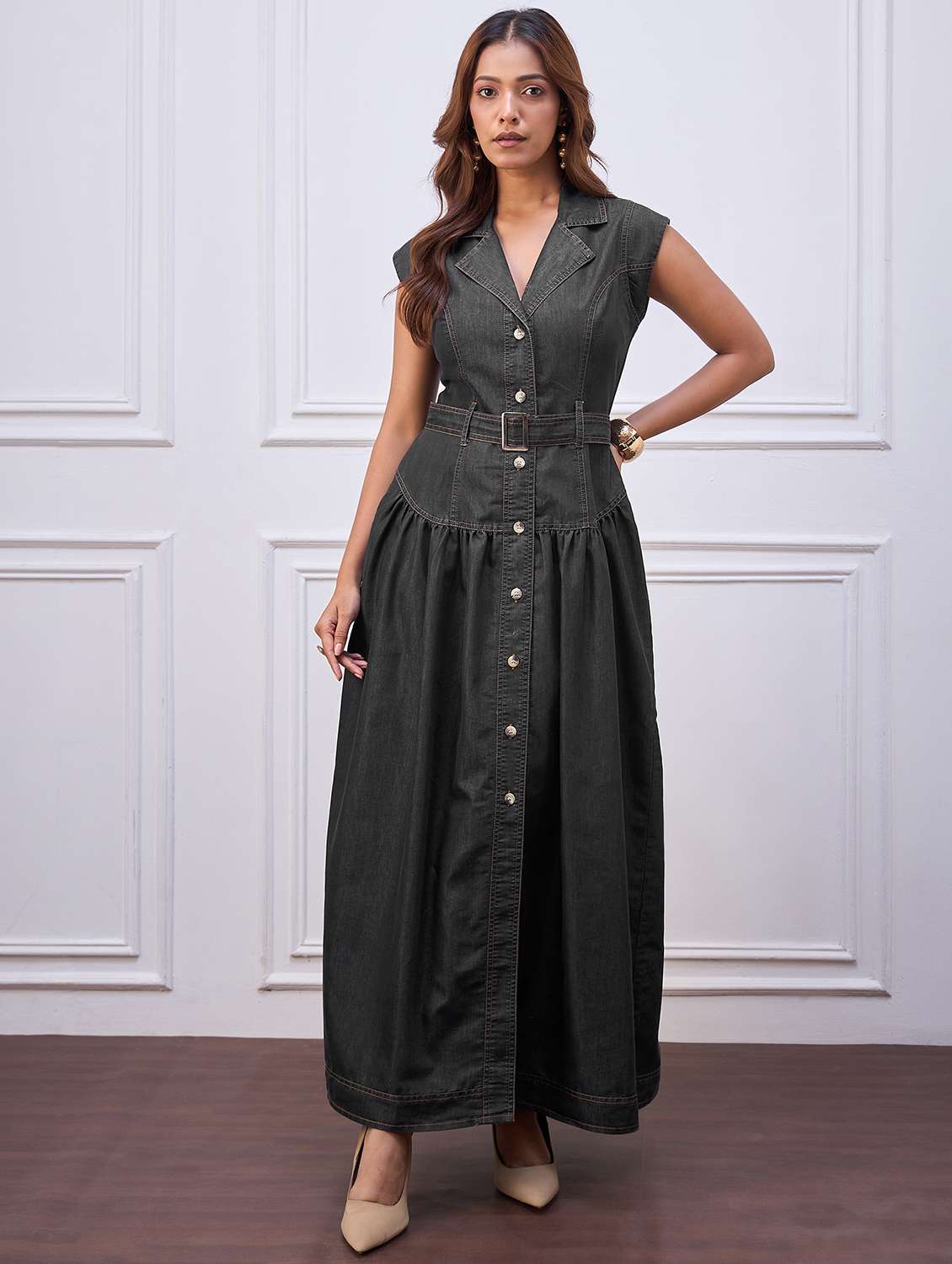 women solid sleeveless denim shirt dress - 22088221 - Standard Image - 1