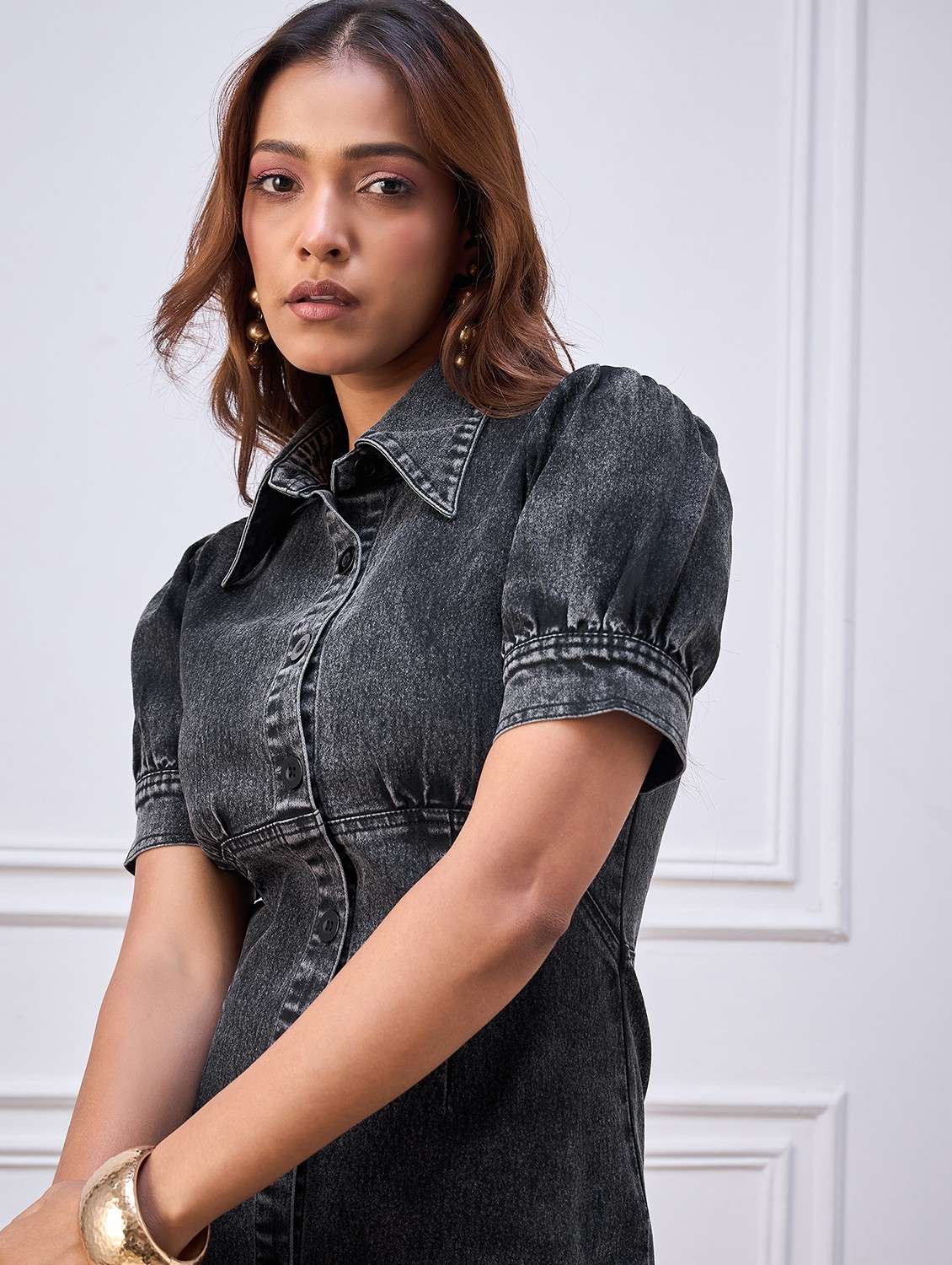 women solid collared puff sleeve denim shirt dress - 22088222 -  Standard Image - 4