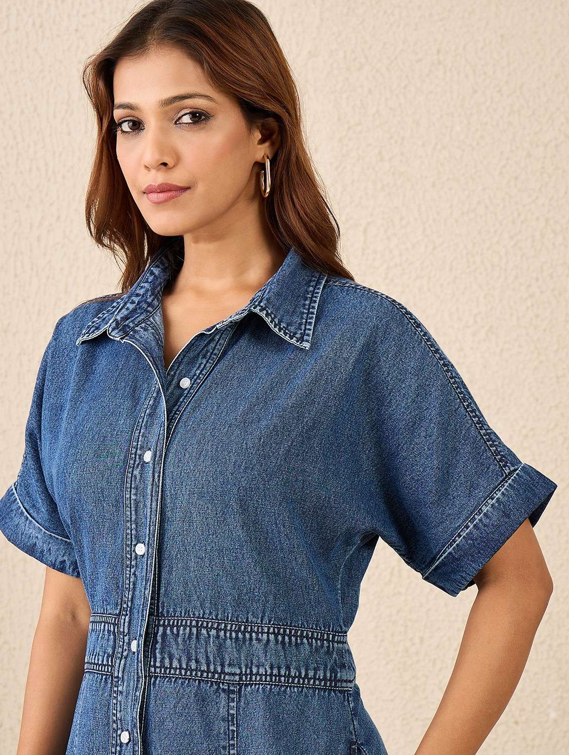 women solid short sleeve denim shirt dress - 22088225 - Standard Image - 4
