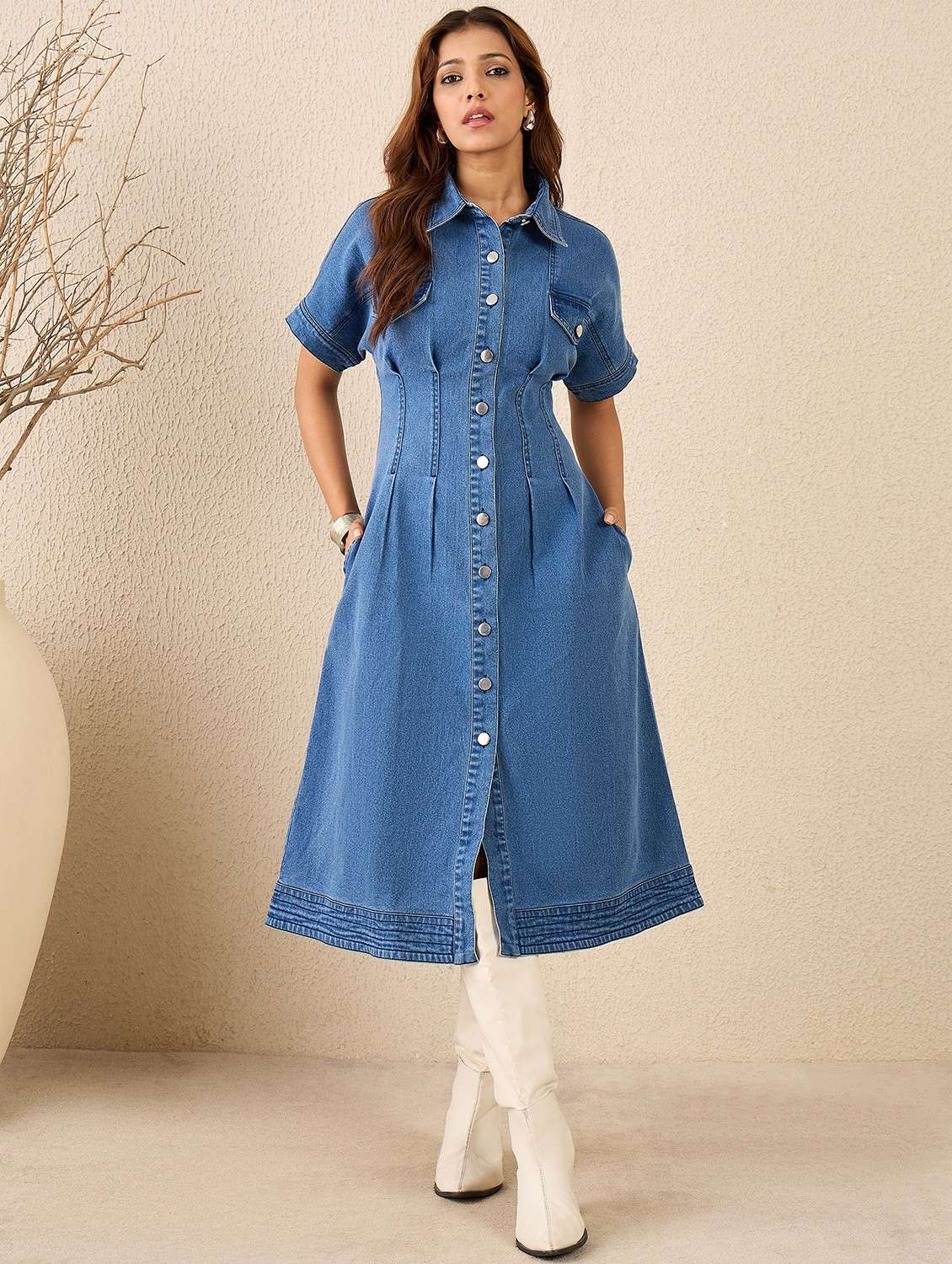 women solid short sleeve denim shirt dress - 22088226 -  Standard Image - 1