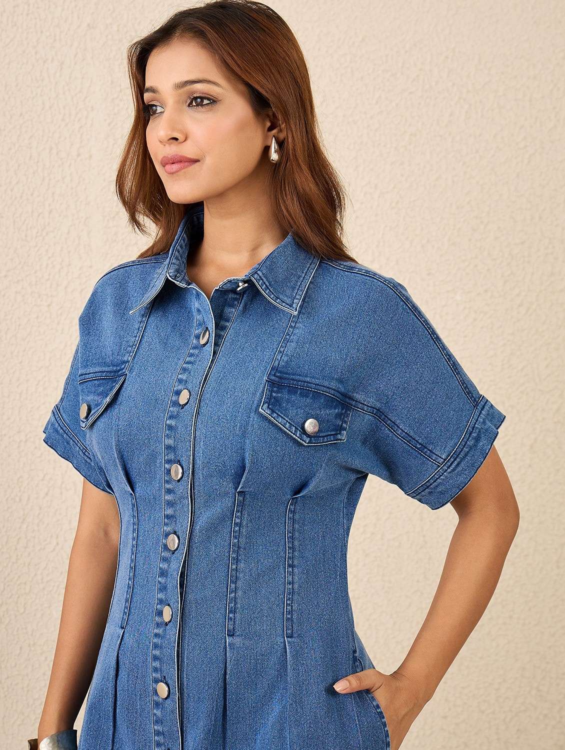 women solid short sleeve denim shirt dress - 22088226 -  Standard Image - 4