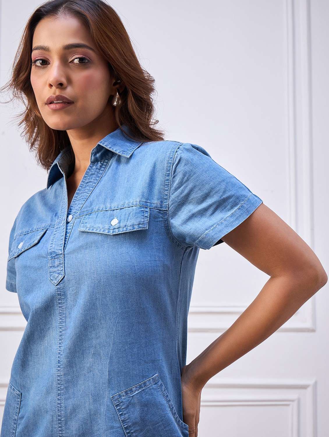 women solid short sleeve denim straight dress - 22088228 - Standard Image - 1