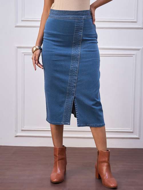 women solid highr rise denim skirt - 22088229 -  Standard Image - 0