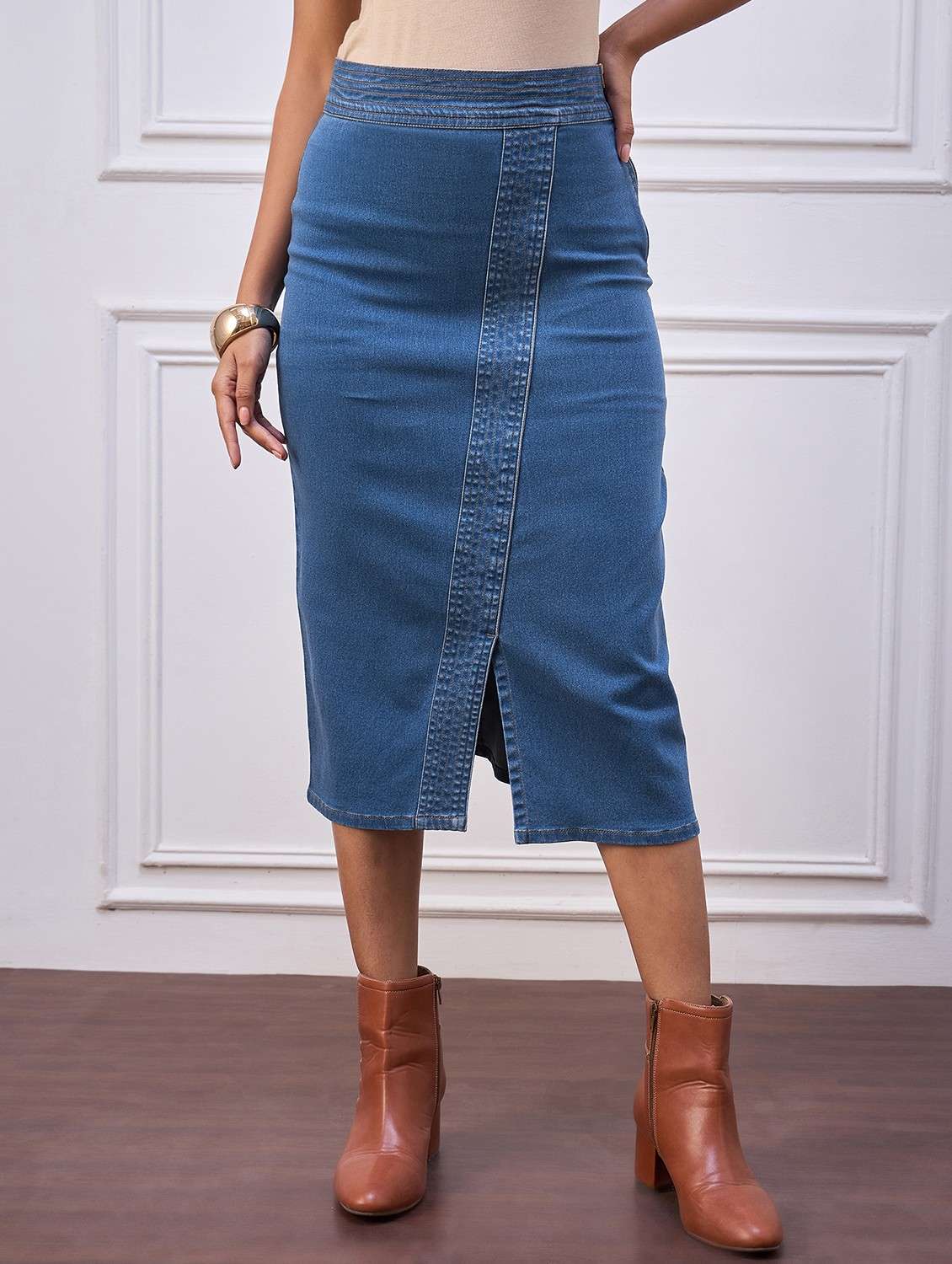 women solid highr rise denim skirt - 22088229 -  Zoom Image - 0