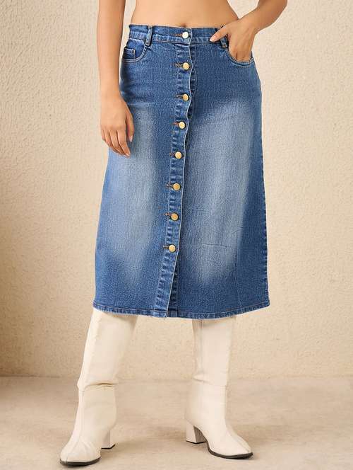 women solid hig rise denim a-line skirt - 22088232 - Standard Image - 0