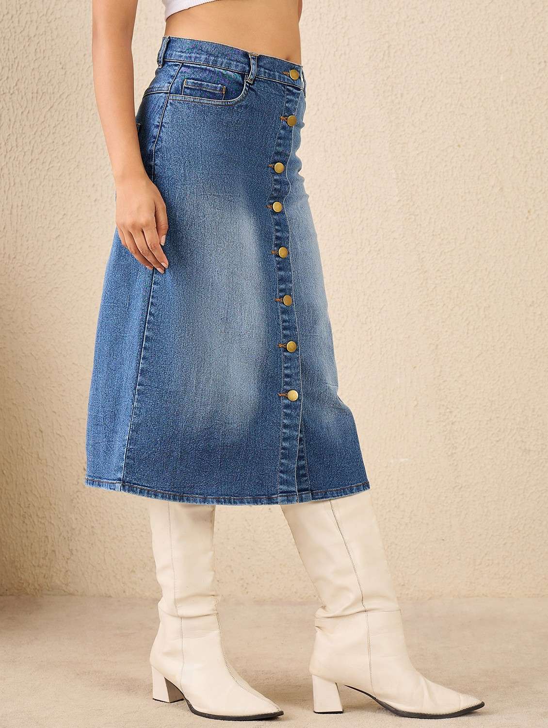women solid hig rise denim a-line skirt - 22088232 - Standard Image - 1