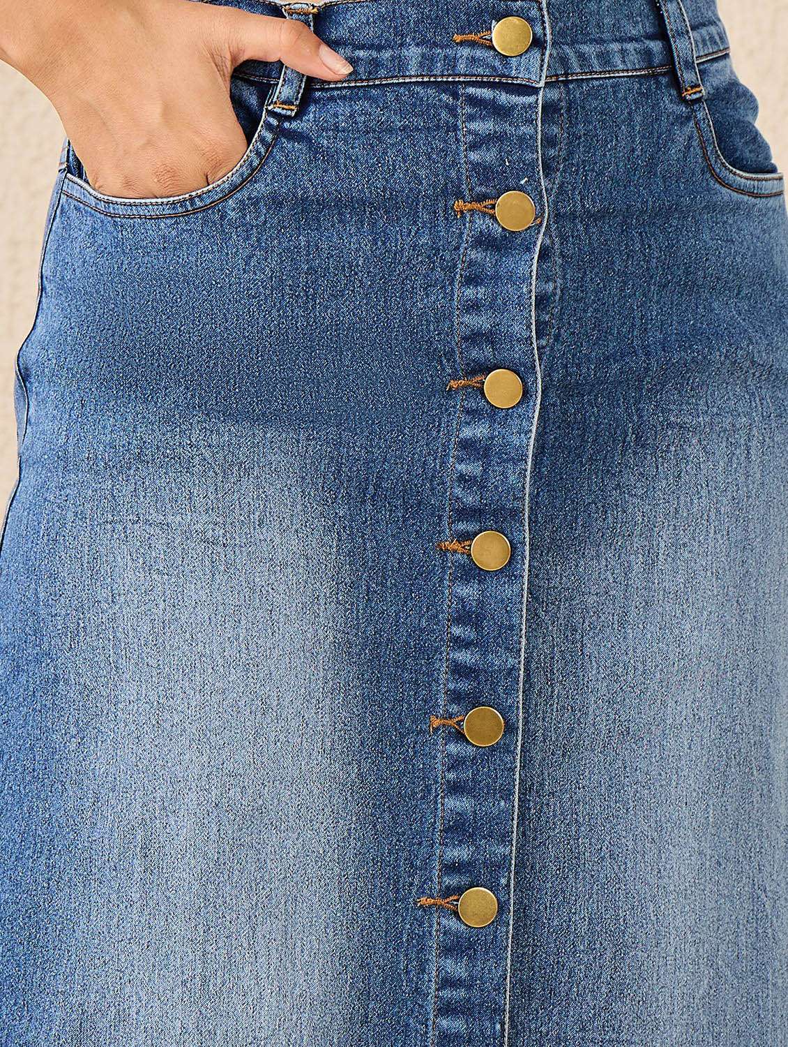women solid hig rise denim a-line skirt - 22088232 - Standard Image - 4
