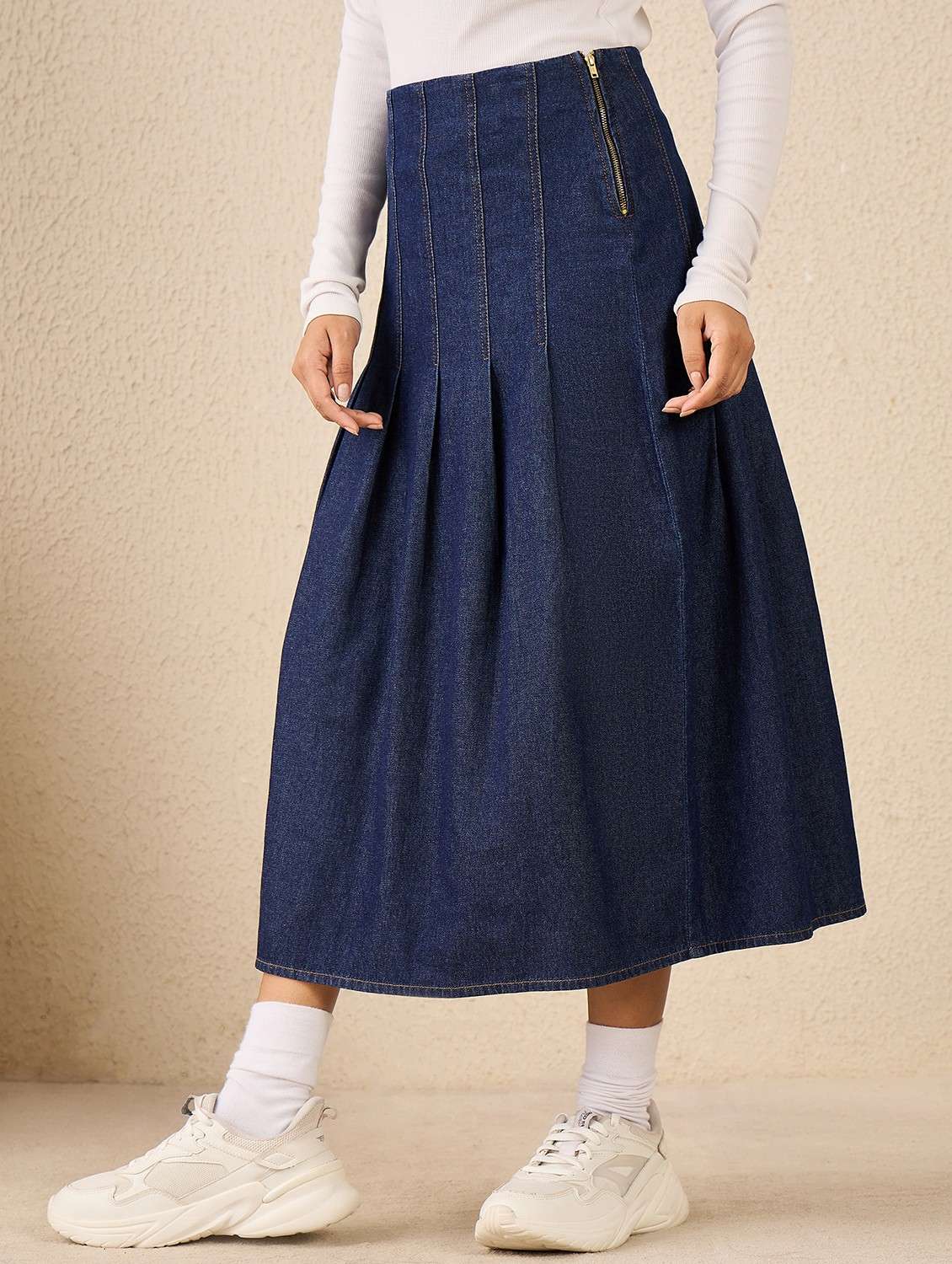 women solid high rise denim pleated skirt - 22088233 -  Standard Image - 1