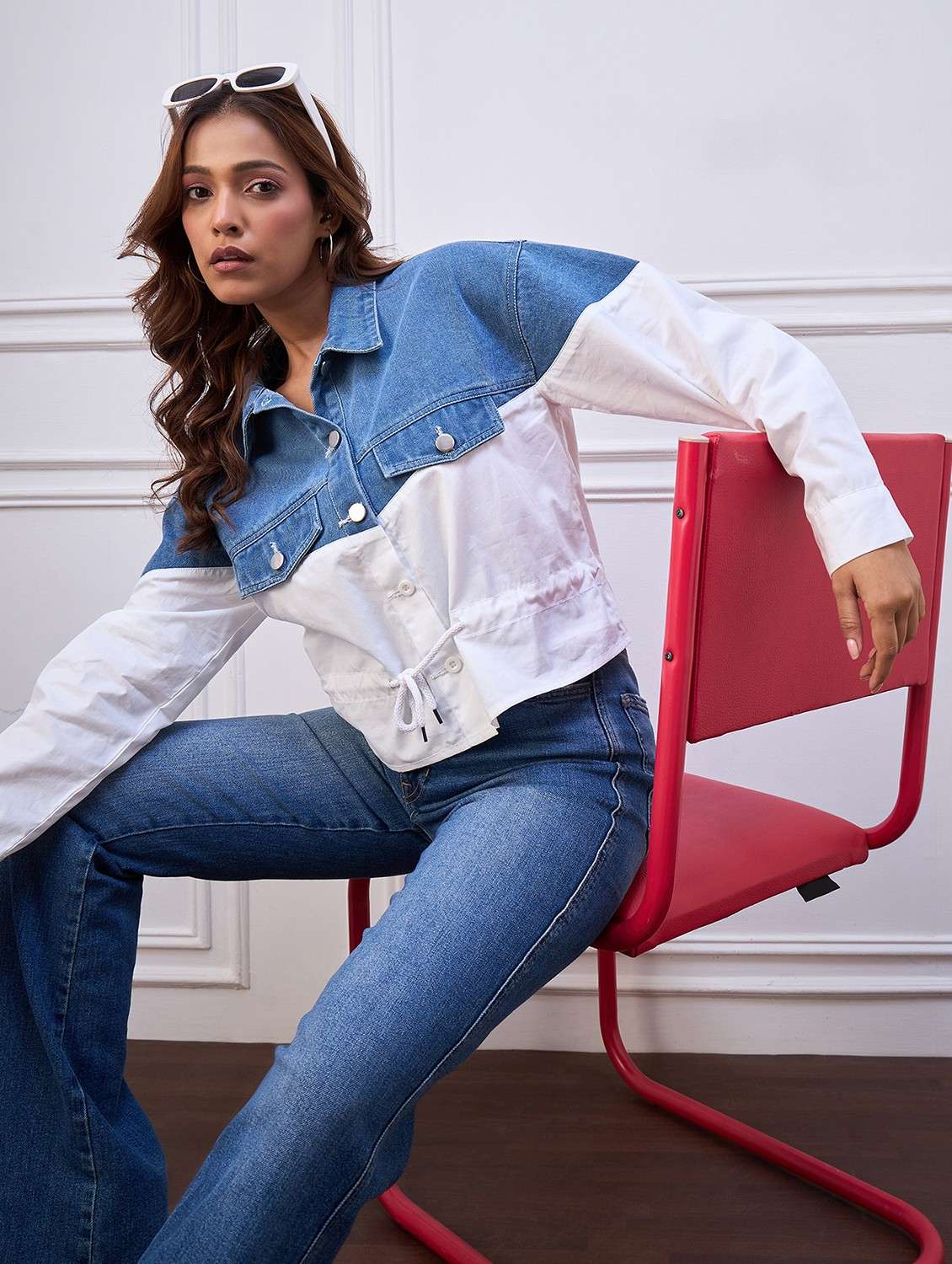 women color blocked long sleeve denim jacket