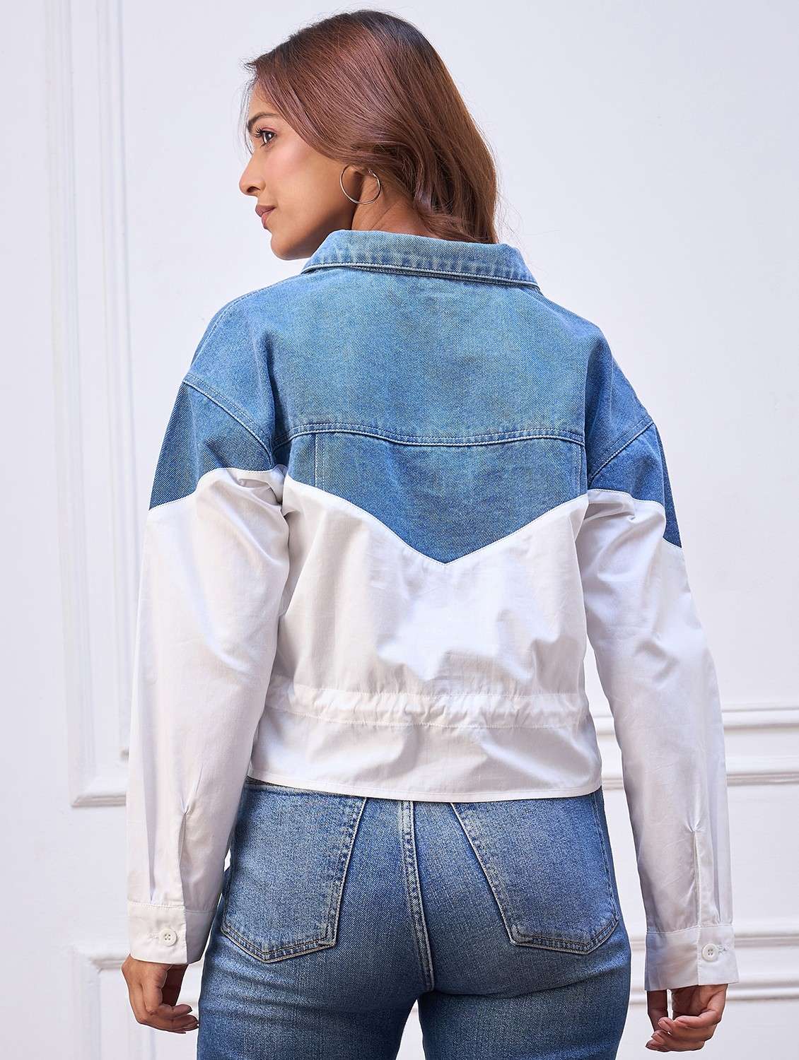 women color blocked long sleeve denim jacket - 22088235 -  Standard Image - 4