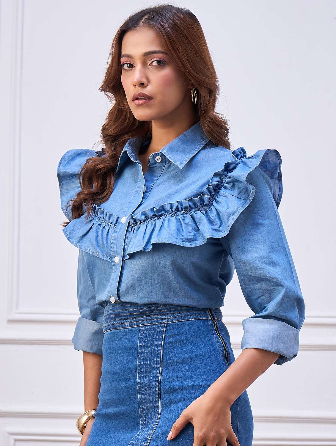 women solid ruffle long sleeve denim shirt - 22088237 -  Standard Image - 1