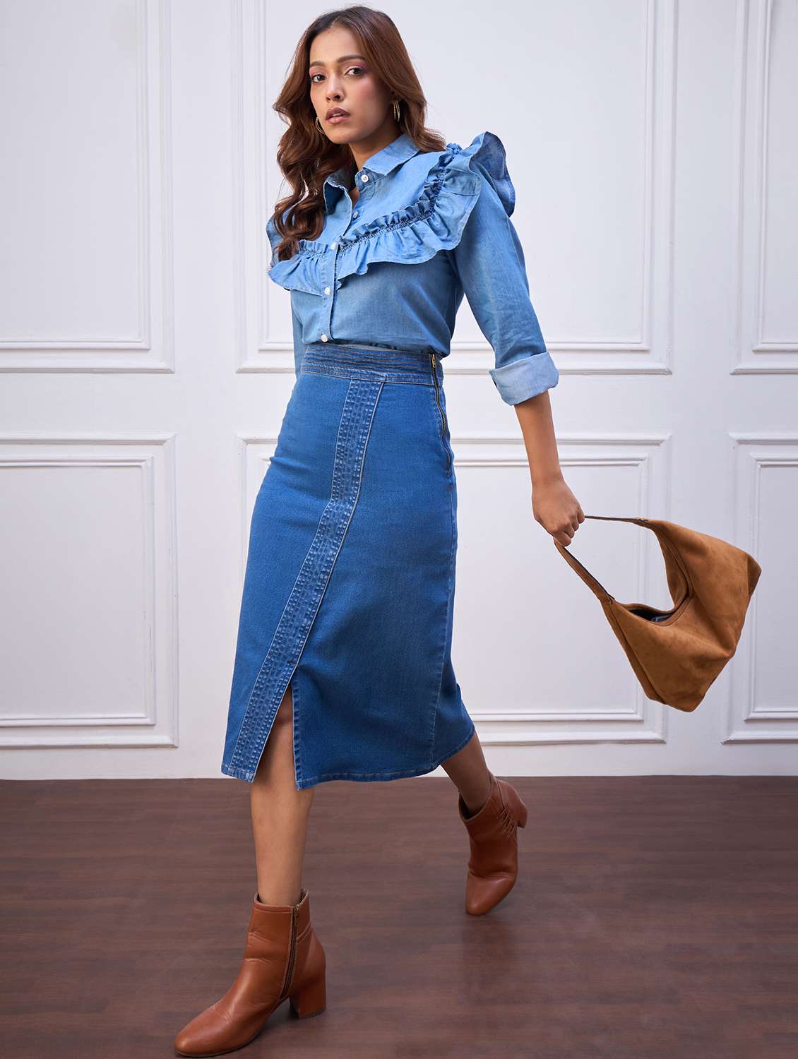 women solid ruffle long sleeve denim shirt - 22088237 - Standard Image - 4