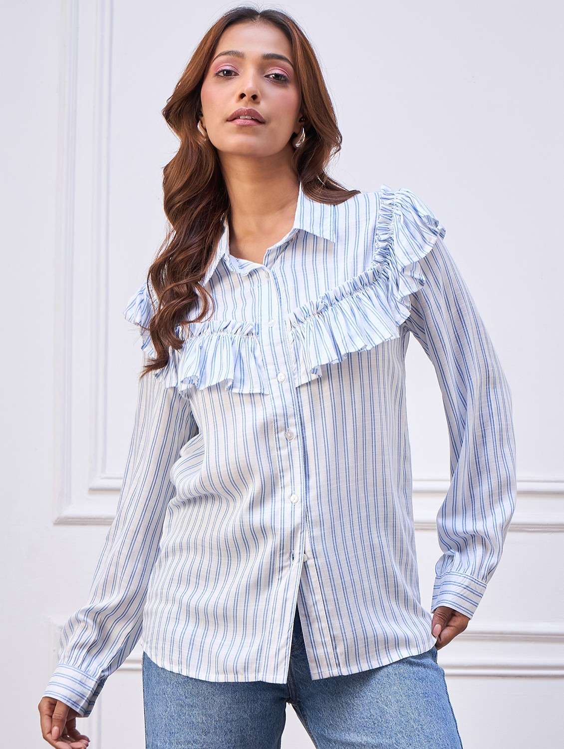 women striped ruffled long sleeve shirt