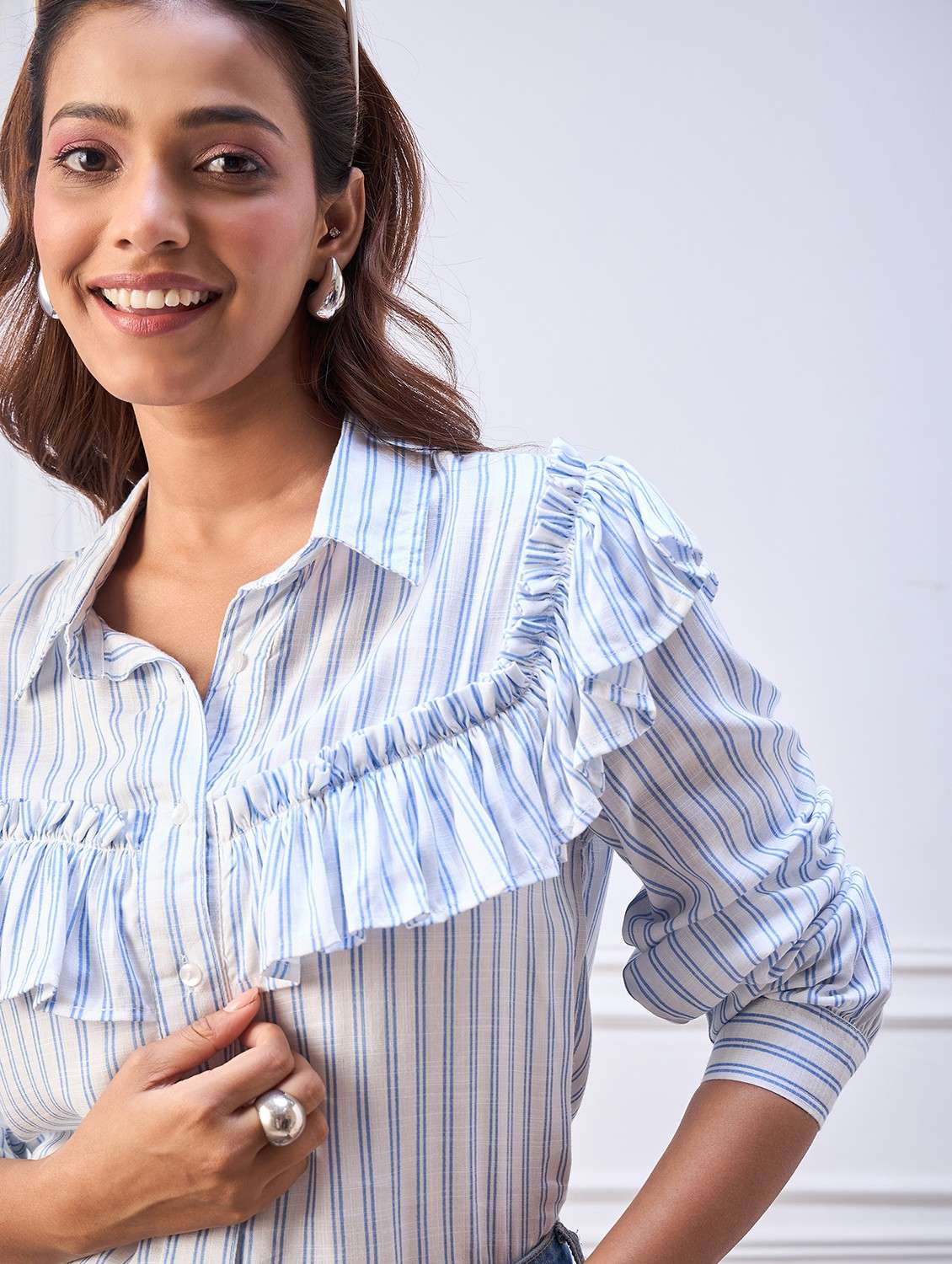 women striped ruffled long sleeve shirt - 22088238 -  Standard Image - 1