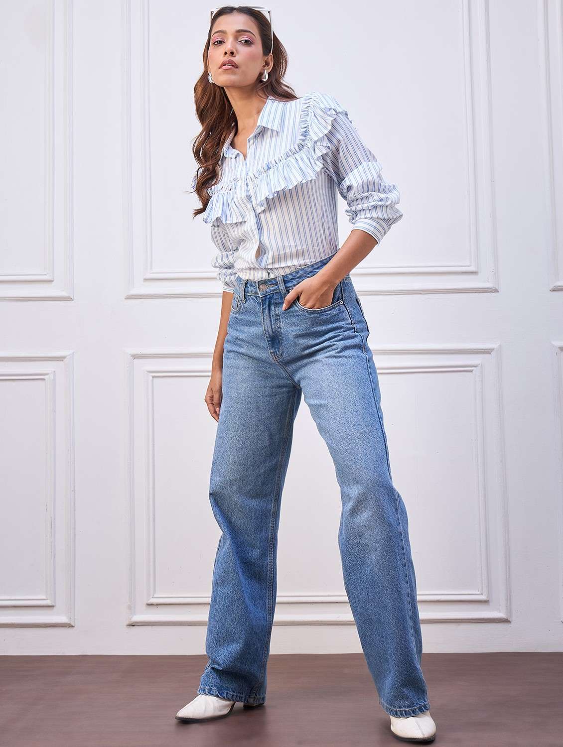 women striped ruffled long sleeve shirt - 22088238 - Standard Image - 4