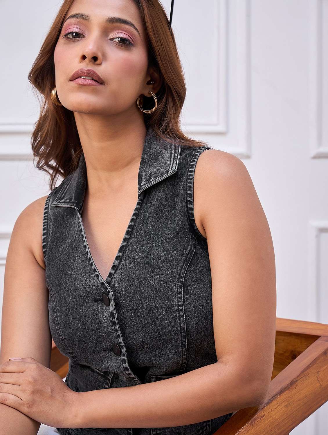 women solid collared sleeveless denim vest top - 22088239 -  Standard Image - 1