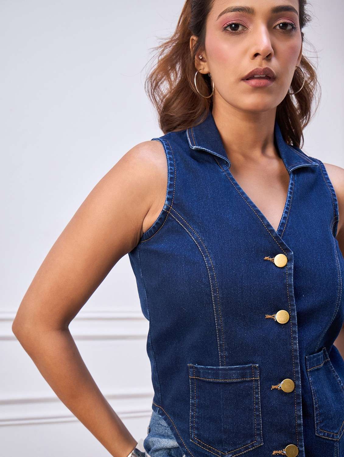 women solid collared sleeveless denim vest top - 22088240 -  Standard Image - 1