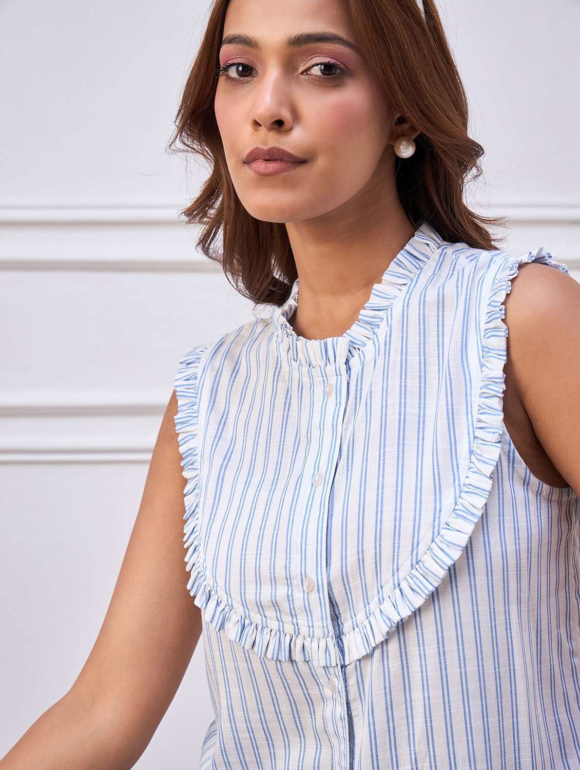 women striped sleeveless denim shirt top - 22088243 - Standard Image - 1
