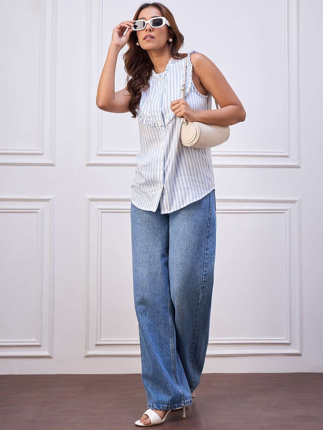 women striped sleeveless denim shirt top - 22088243 - Standard Image - 4