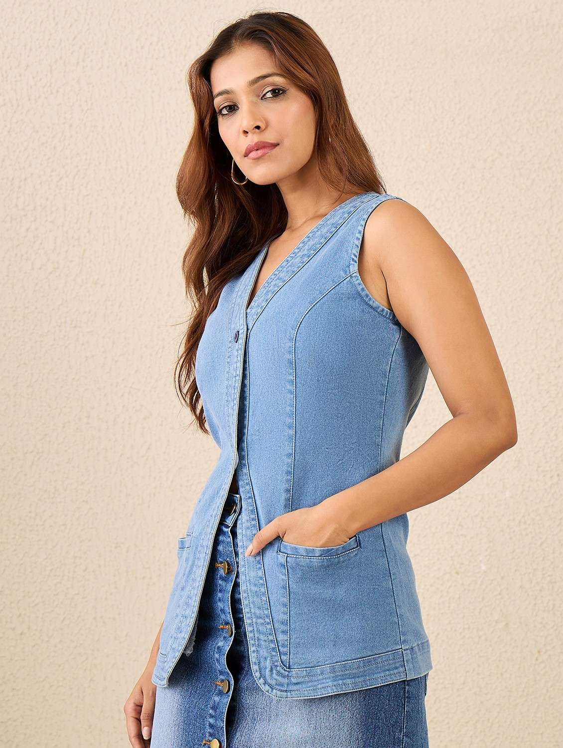 women solid sleeveless denim vest top - 22088245 - Standard Image - 1