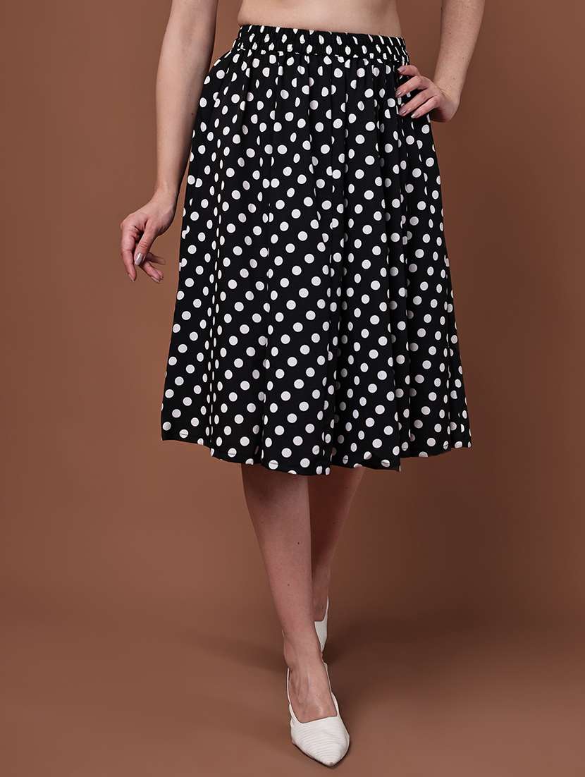 women polka dot printed high rise flared skirt