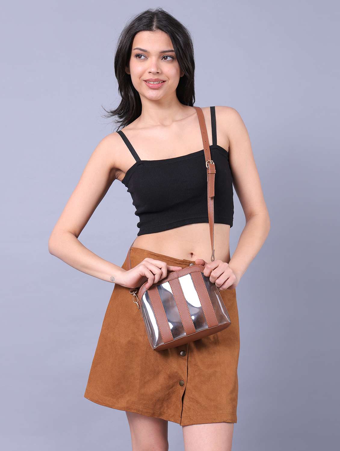 women striped leatherette sling bag - 22088536 -  Standard Image - 1