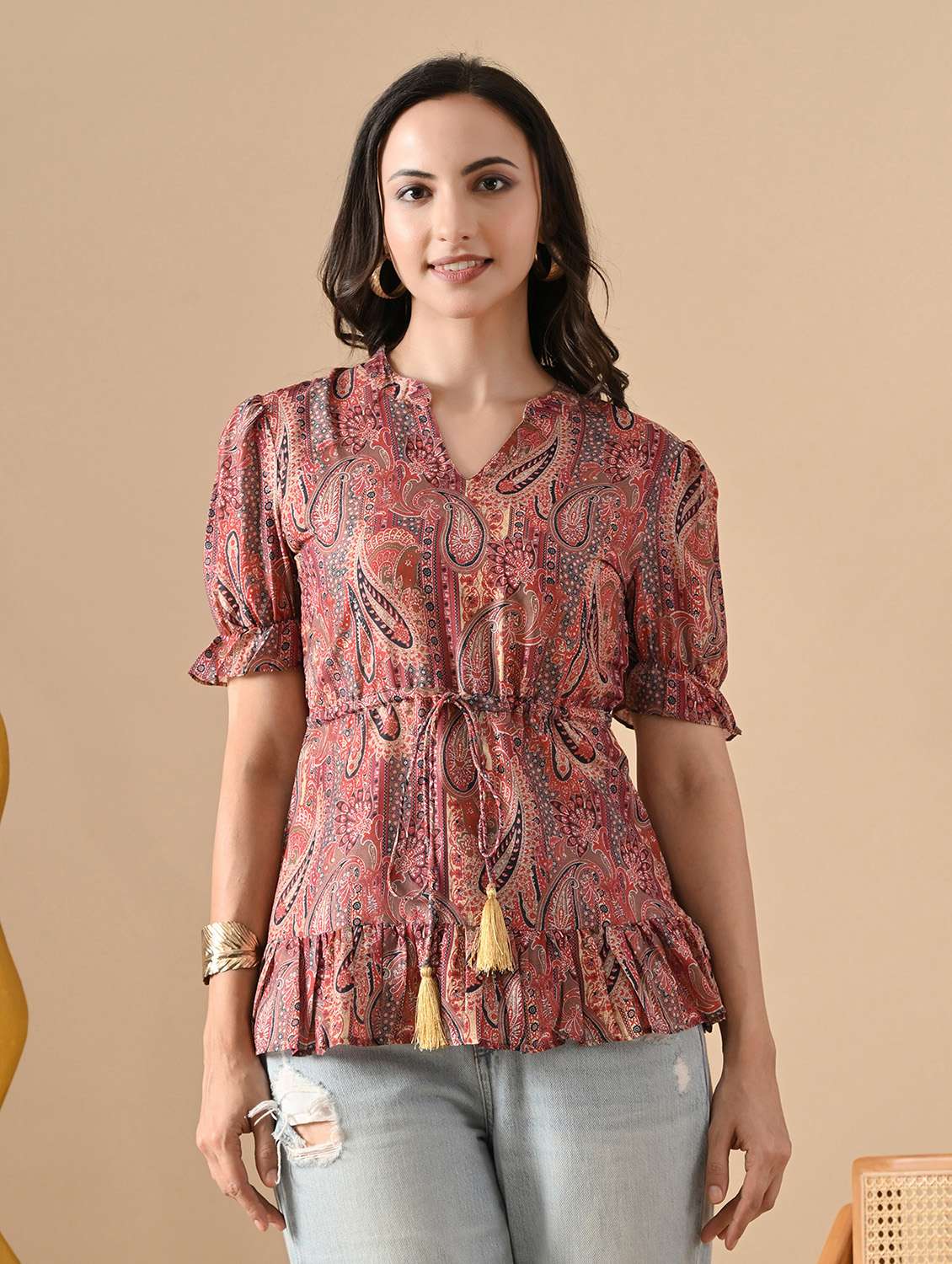 women printed mandarin neck puff sleeve tiered top