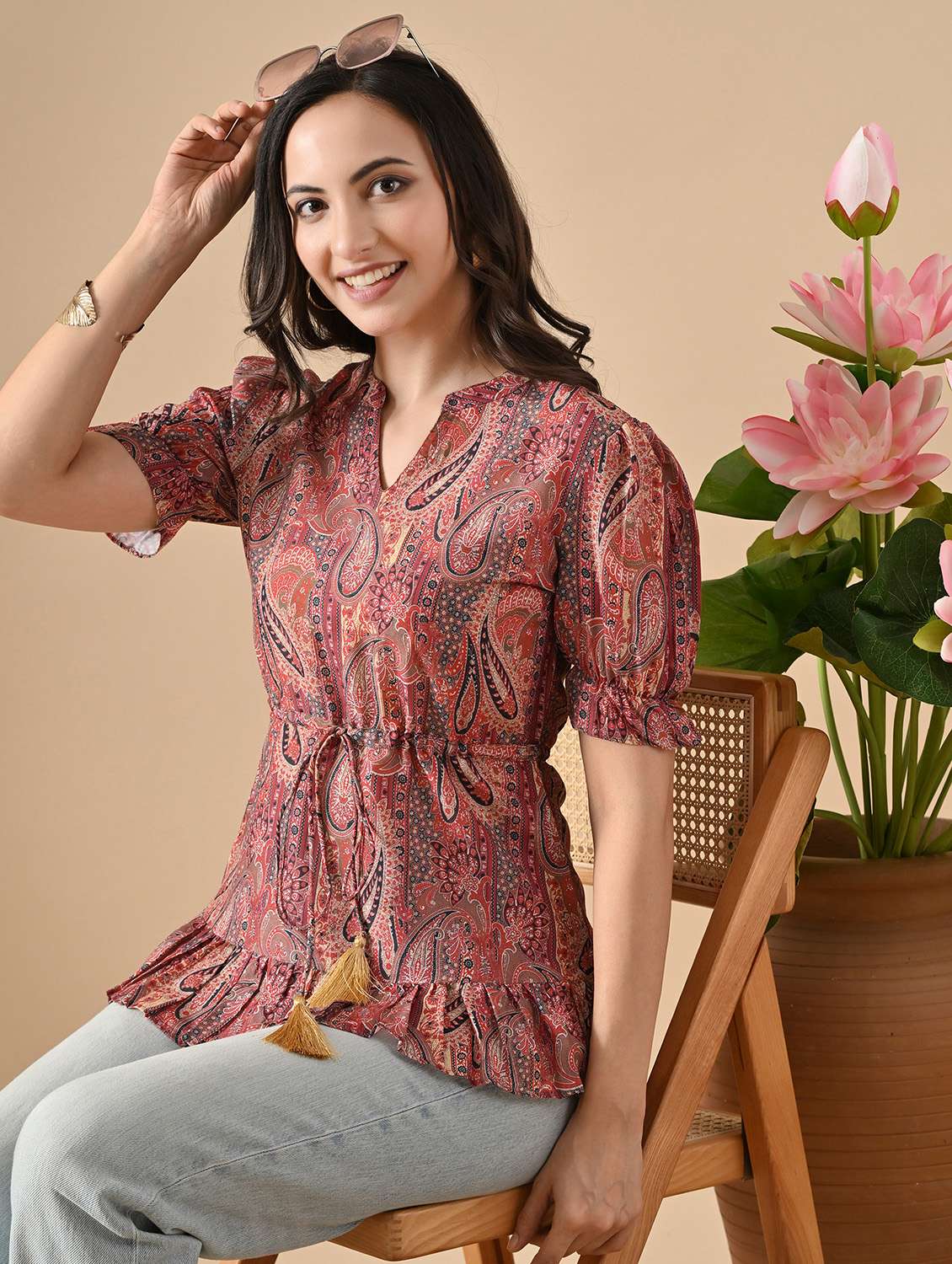 women printed mandarin neck puff sleeve tiered top - 22088692 -  Standard Image - 1